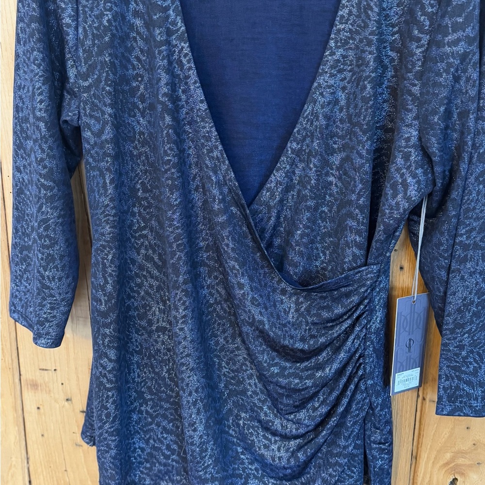 Jennifer Lopez Navy Blue Metallic Wrap-Style Blouse - Picture 6 of 7